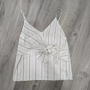 White striped tank with spaghetti straps and tie embellishment